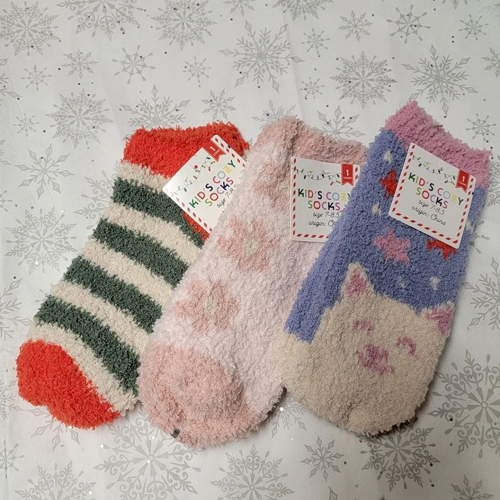 Kid's Cozy Socks Three Pairs of Fuzzy Socks Festive Winter Holiday Stripe Floral